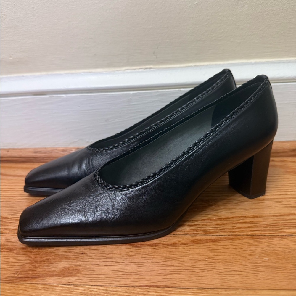 Stuart Weitzman Black Leather Block Heel Pumps